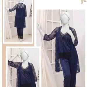 3 Pcs Premium Silk & Net Black Lace Women's Sleepwear Set Top Trouser & Gown (Size free)